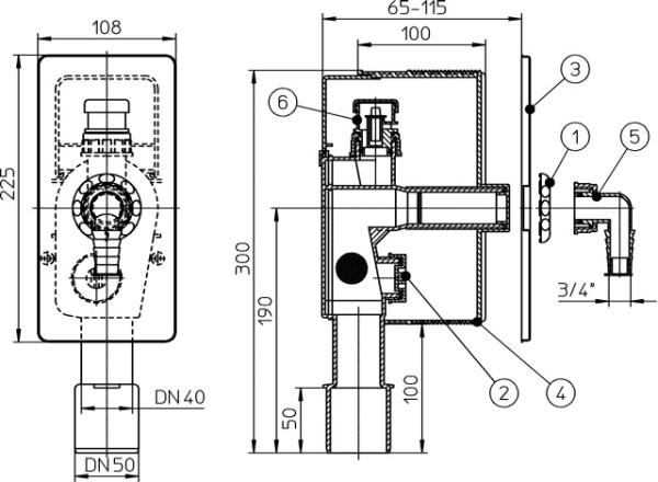 Waschgeräte-UP-Siphon DN40/50 mit Rohrbelüfter HL902 - 110x225mm HL404.1